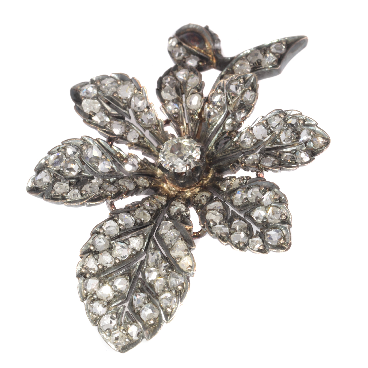 Antique Victorian chestnut leaf brooch fully embellished with over 100 diamonds